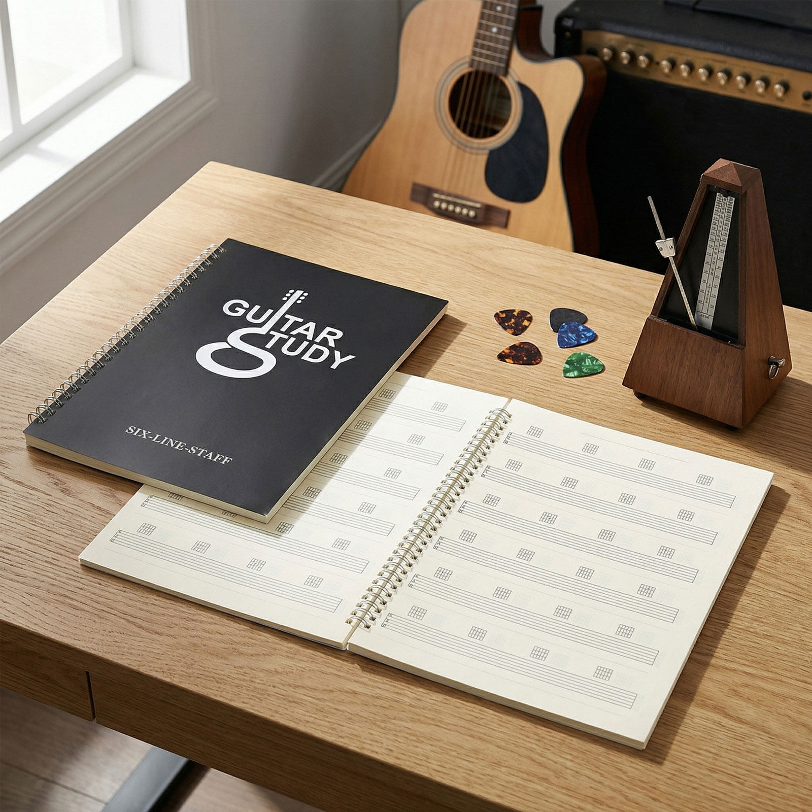Blank Sheet Music Notebook - 기타 악보 노트 2개 세트, 6줄,